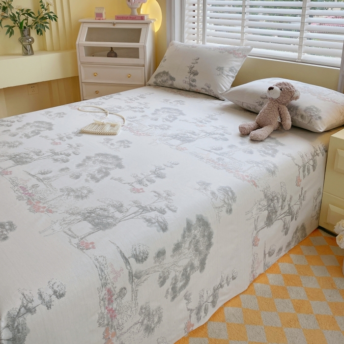 91家纺网 家纺一手货源 找家纺 慕尚家纺 2025新款全棉纯棉老粗布花卉床单款凉席席子 水墨江南