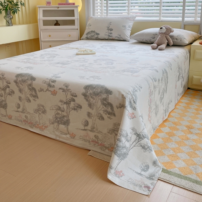 91家纺网 家纺一手货源 找家纺 慕尚家纺 2025新款全棉纯棉老粗布花卉床单款凉席席子 水墨江南