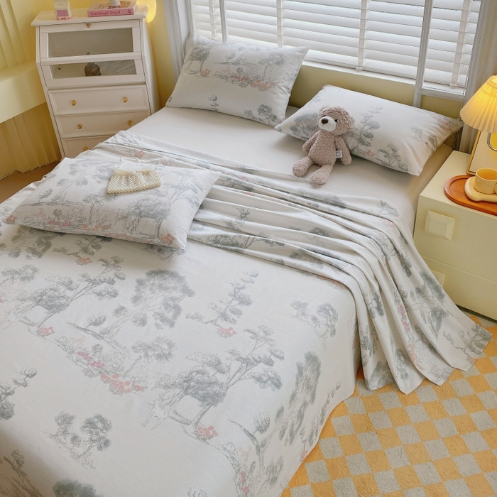 91家纺网 家纺一手货源 找家纺 慕尚家纺 2025新款全棉纯棉老粗布花卉床单款凉席席子 水墨江南