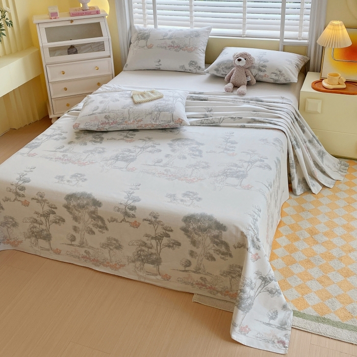 91家纺网 家纺一手货源 找家纺 慕尚家纺 2025新款全棉纯棉老粗布花卉床单款凉席席子 水墨江南