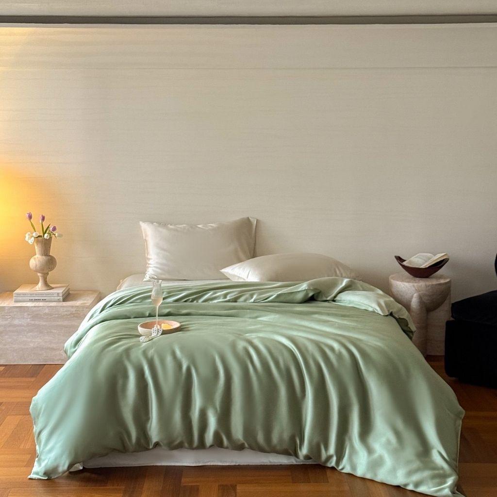 91家纺网 家纺一手货源 找家纺 禾时 2025新款纯色双拼兰精天丝单品系列-单被套 被套单件 香奈儿绿-嫩叶绿