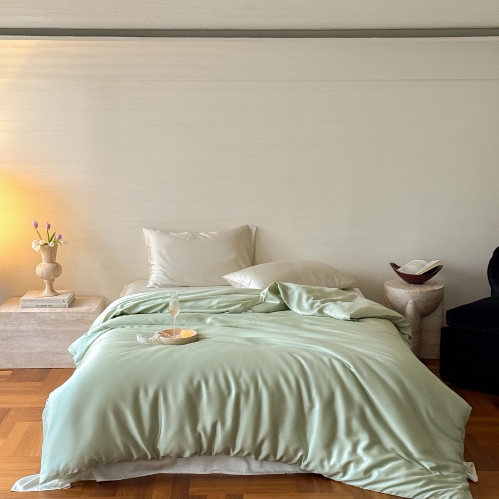 91家纺网 家纺一手货源 找家纺 禾时 2025新款纯色双拼兰精天丝单品系列-单被套 被套单件 嫩叶绿