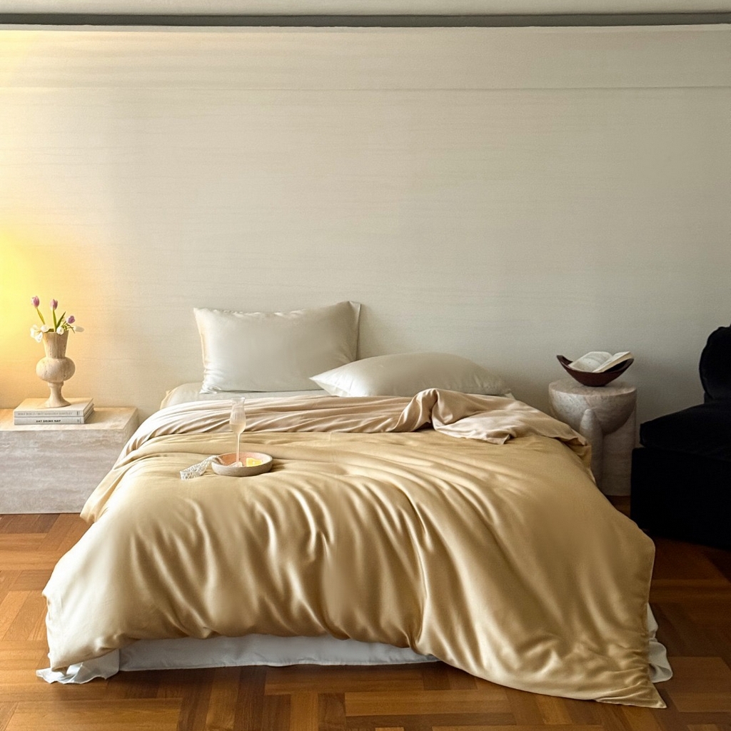 91家纺网 家纺一手货源 找家纺 禾时 2025新款纯色双拼兰精天丝单品系列-单被套 被套单件 芝士黄-沙茶色