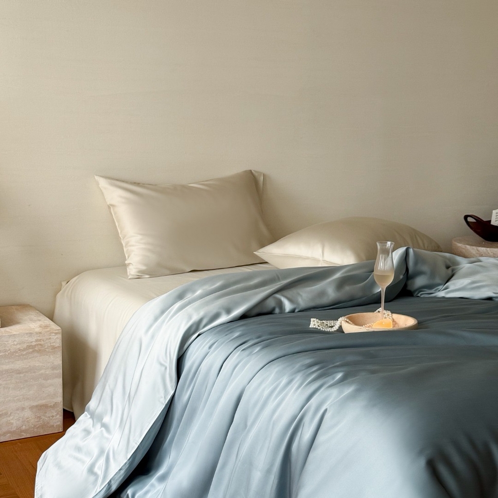 91家纺网 家纺一手货源 找家纺 禾时 2025新款纯色双拼兰精天丝单品系列-单被套 被套单件 灰蓝色-冰川灰