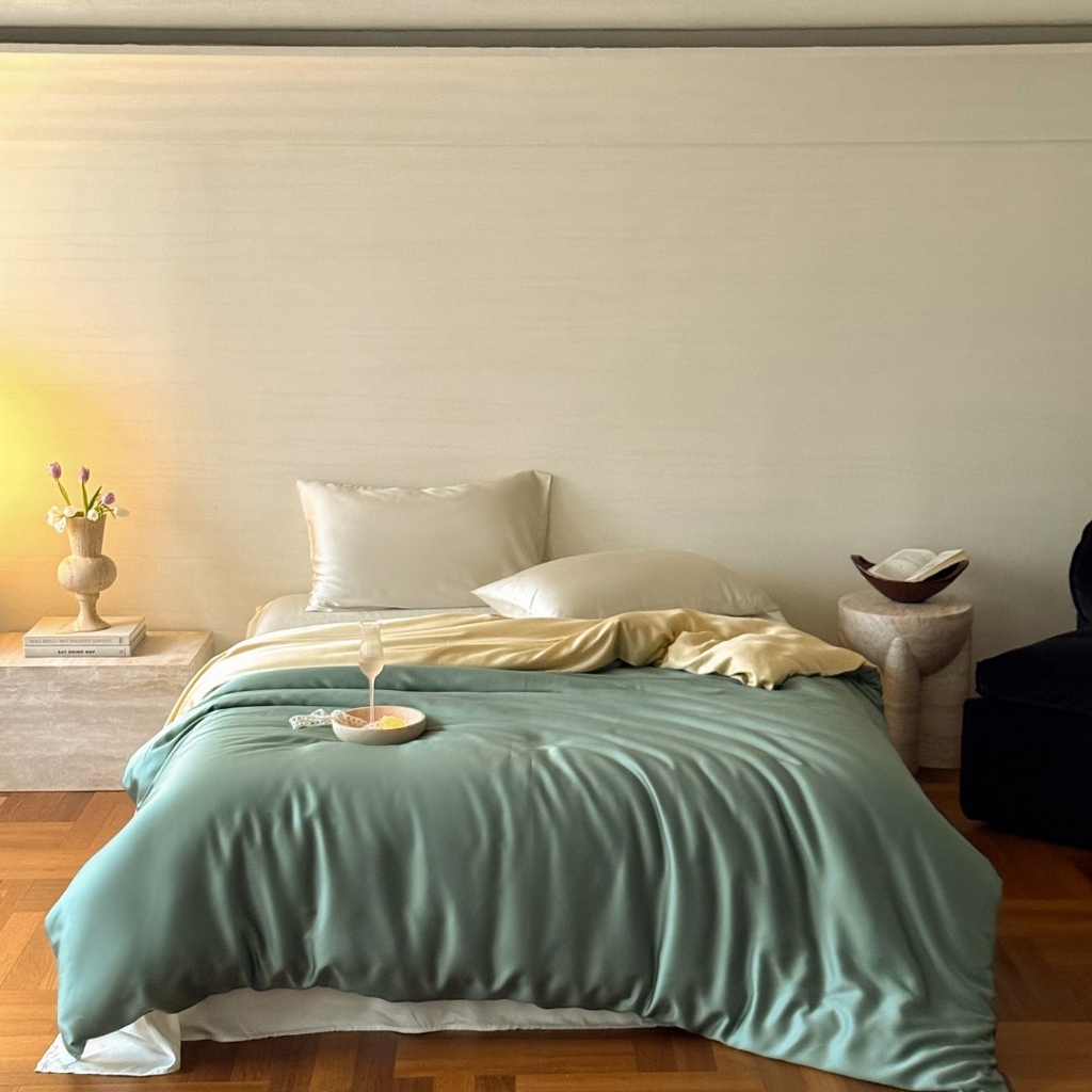 91家纺网 家纺一手货源 找家纺 禾时 2025新款纯色双拼兰精天丝单品系列-单被套 被套单件 天青色-香槟金