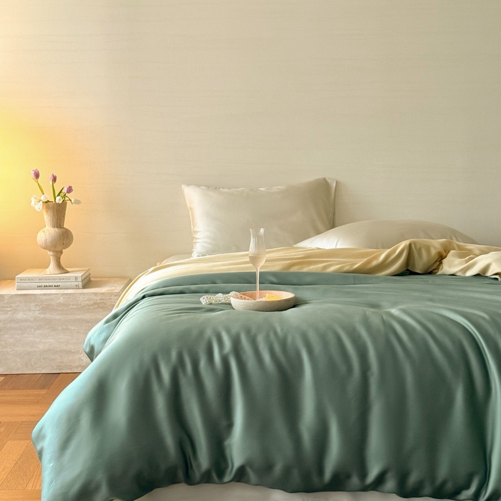 禾时 2025新款纯色双拼兰精天丝单品系列-单被套 被套单件 天青色-香槟金