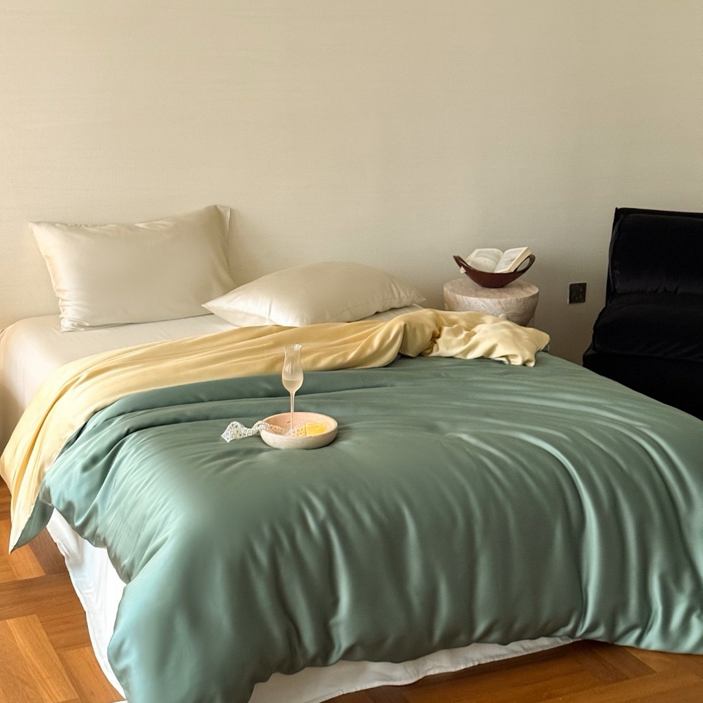 91家纺网 家纺一手货源 找家纺 禾时 2025新款纯色双拼兰精天丝单品系列-单被套 被套单件 天青色-香槟金