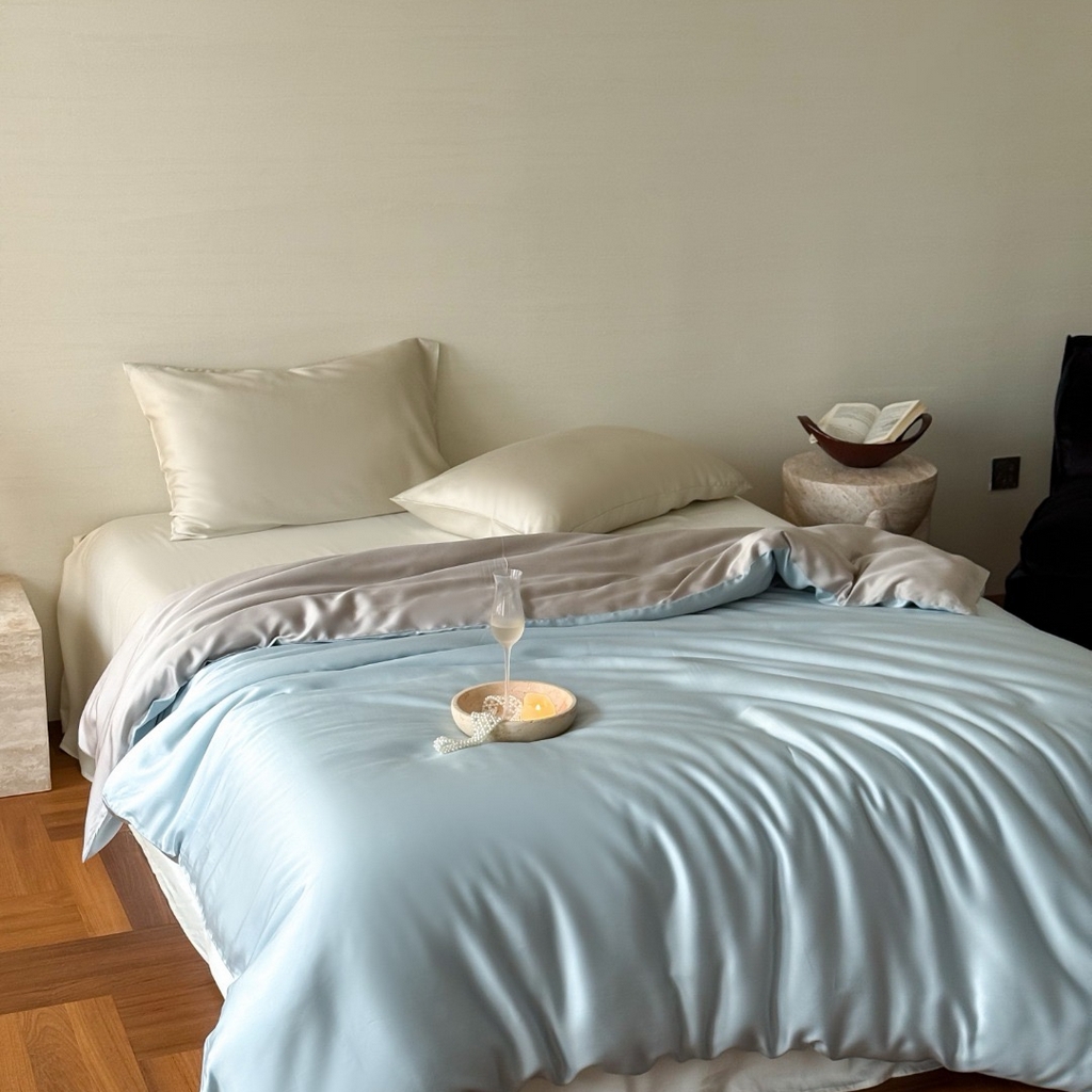 91家纺网 家纺一手货源 找家纺 禾时 2025新款纯色双拼兰精天丝单品系列-单被套 被套单件 映霜蓝-霜华银