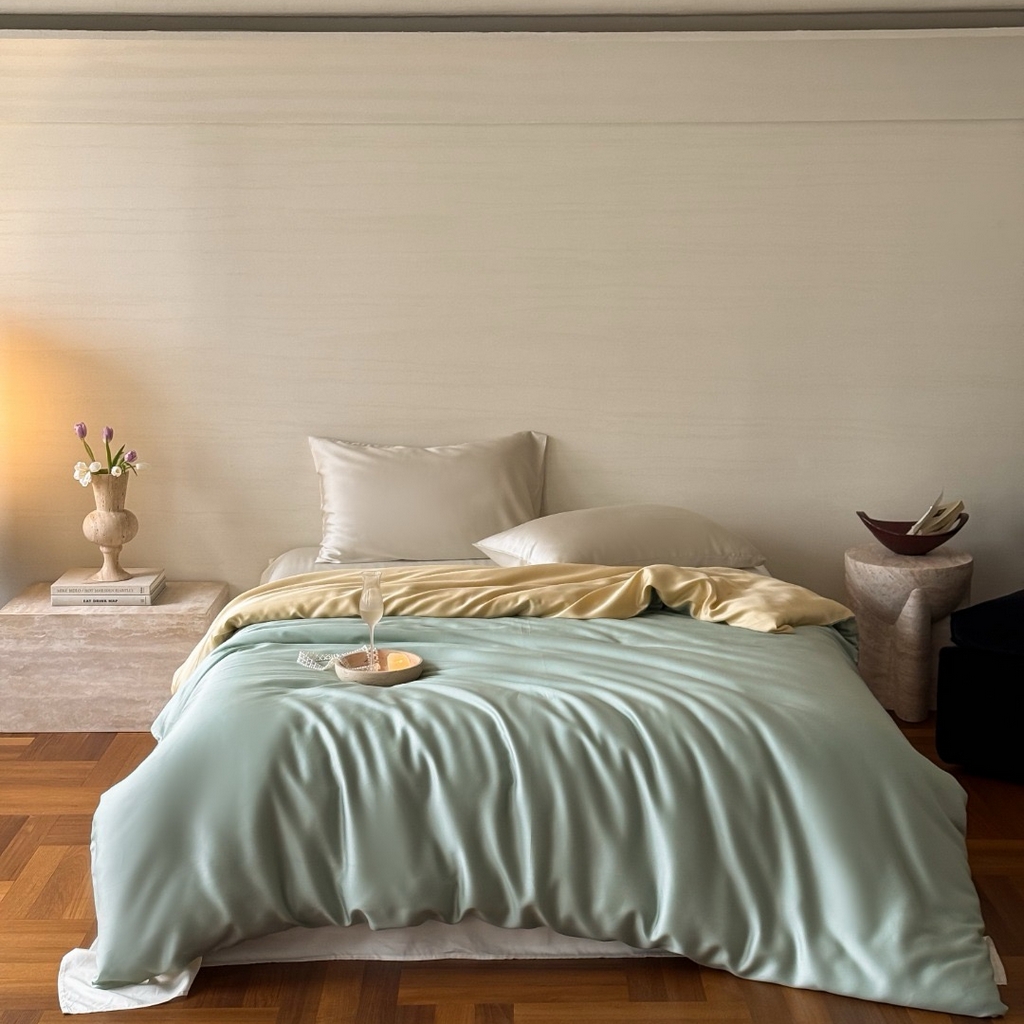 91家纺网 家纺一手货源 找家纺 禾时 2025新款纯色双拼兰精天丝单品系列-单被套 被套单件 浅艾绿-香槟金