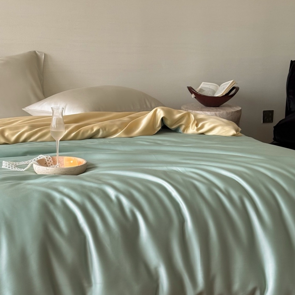 91家纺网 家纺一手货源 找家纺 禾时 2025新款纯色双拼兰精天丝单品系列-单被套 被套单件 浅艾绿-香槟金