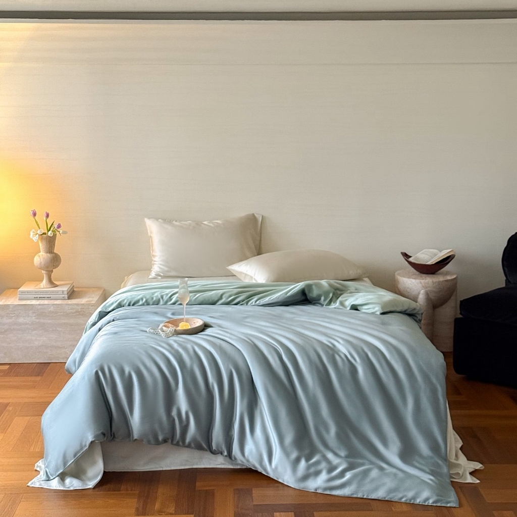 91家纺网 家纺一手货源 找家纺 禾时 2025新款纯色双拼兰精天丝单品系列-单被套 被套单件 天空蓝-浅艾绿