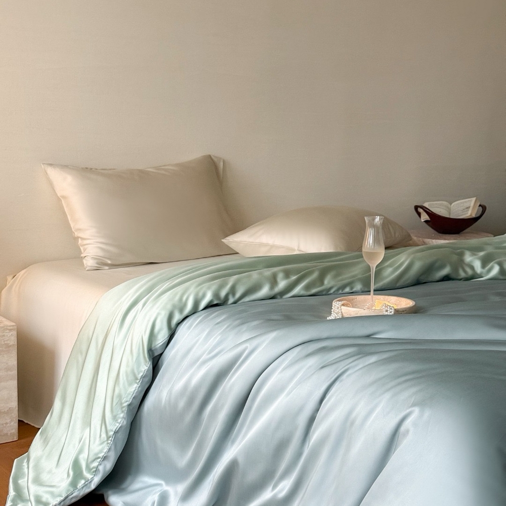 91家纺网 家纺一手货源 找家纺 禾时 2025新款纯色双拼兰精天丝单品系列-单被套 被套单件 天空蓝-浅艾绿