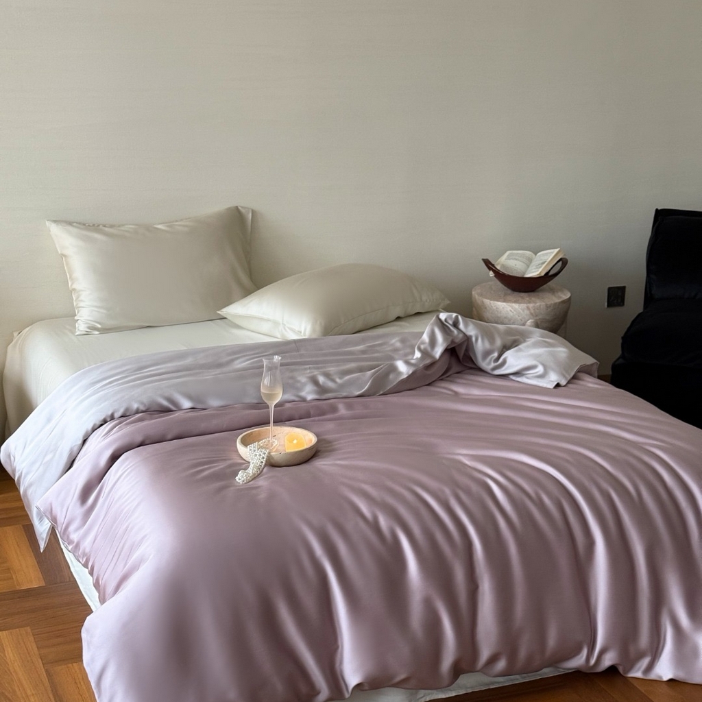 91家纺网 家纺一手货源 找家纺 禾时 2025新款纯色双拼兰精天丝单品系列-单被套 被套单件 满天星紫-曙光银