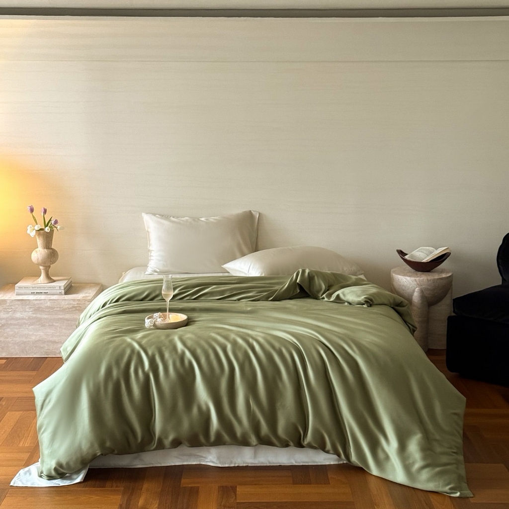 91家纺网 家纺一手货源 找家纺 禾时 2025新款纯色双拼兰精天丝单品系列-单被套 被套单件 欧芹绿