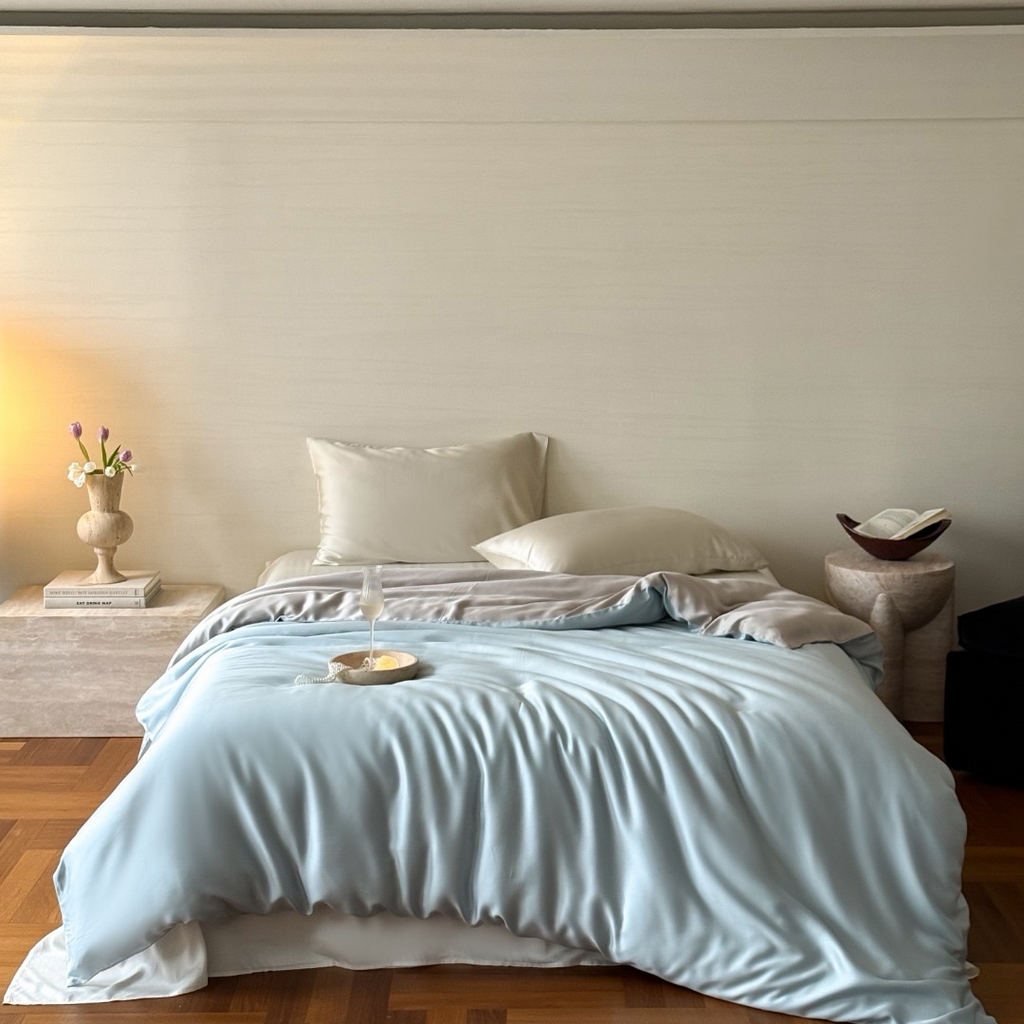 91家纺网 家纺一手货源 找家纺 禾时 2025新款纯色双拼兰精天丝单品系列-单被套 被套单件 映霜蓝-霜华银