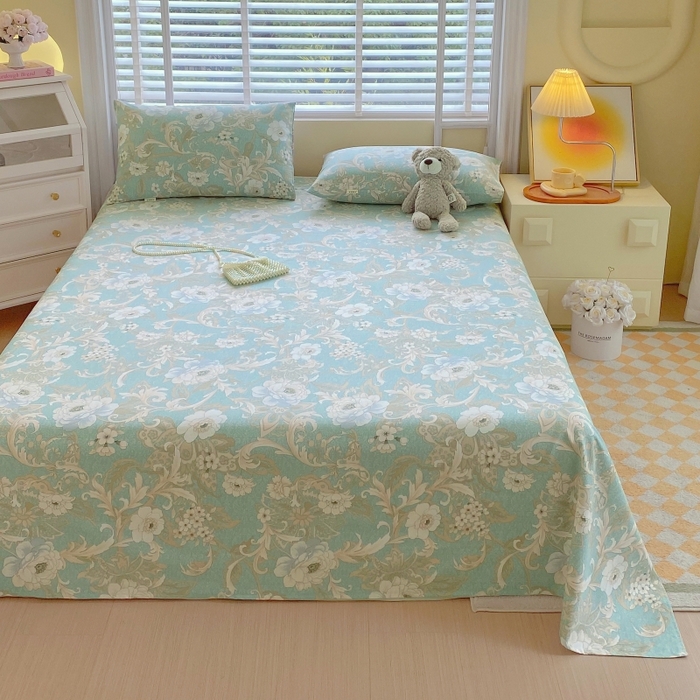 91家纺网 家纺一手货源 找家纺 慕尚家纺 2025新款全棉纯棉老粗布花卉床单款凉席席子 闲趣花开