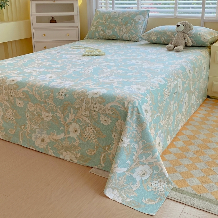 91家纺网 家纺一手货源 找家纺 慕尚家纺 2025新款全棉纯棉老粗布花卉床单款凉席席子 闲趣花开