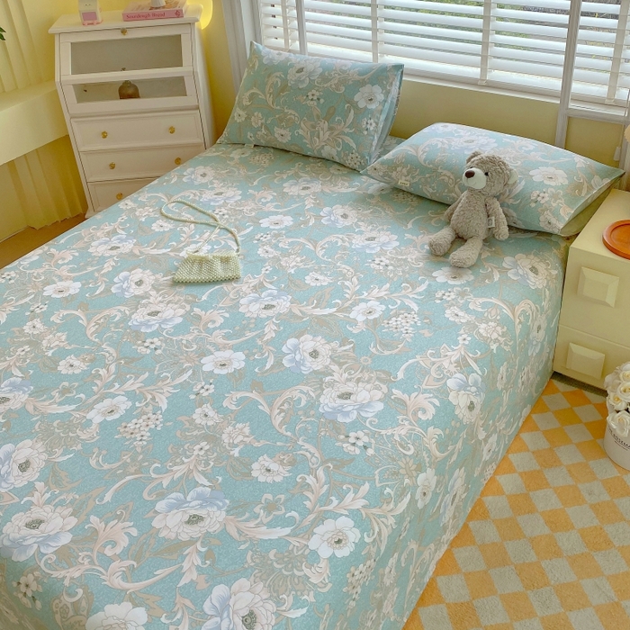 91家纺网 家纺一手货源 找家纺 慕尚家纺 2025新款全棉纯棉老粗布花卉床单款凉席席子 闲趣花开