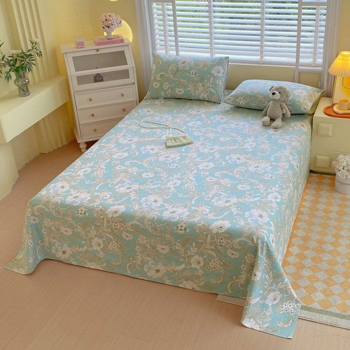 91家纺网 家纺一手货源 找家纺 慕尚家纺 2025新款全棉纯棉老粗布花卉床单款凉席席子 闲趣花开