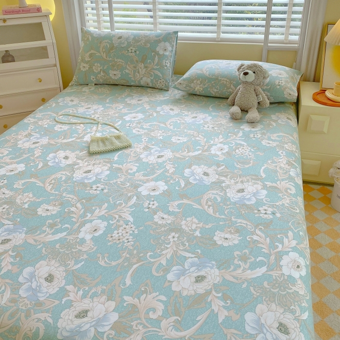 91家纺网 家纺一手货源 找家纺 慕尚家纺 2025新款全棉纯棉老粗布花卉床单款凉席席子 闲趣花开