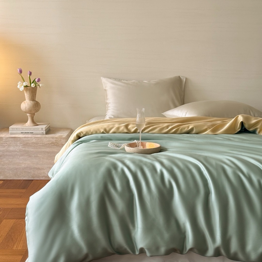 91家纺网 家纺一手货源 找家纺 禾时 2025新款纯色双拼兰精天丝单品系列-单被套 被套单件 浅艾绿-香槟金