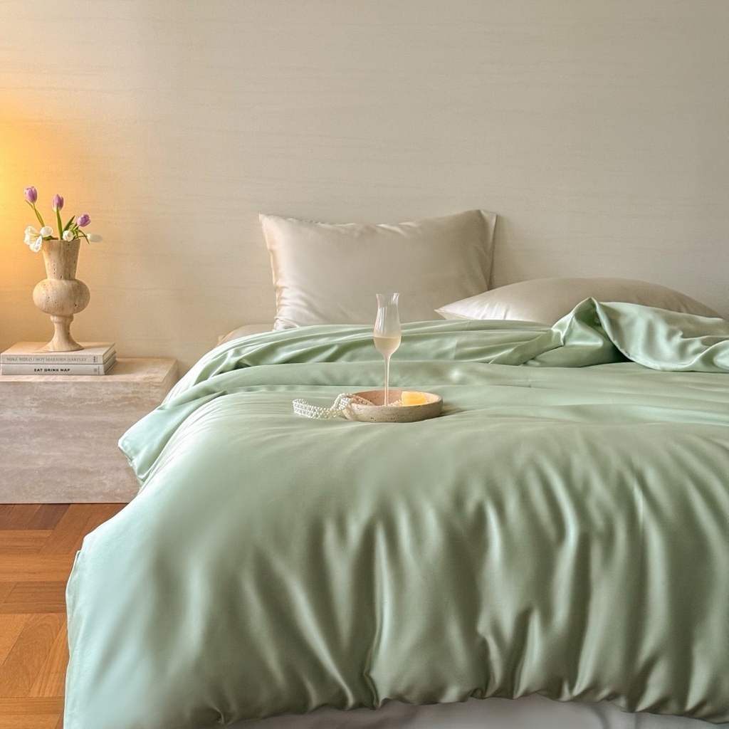 91家纺网 家纺一手货源 找家纺 禾时 2025新款纯色双拼兰精天丝单品系列-单被套 被套单件 嫩叶绿