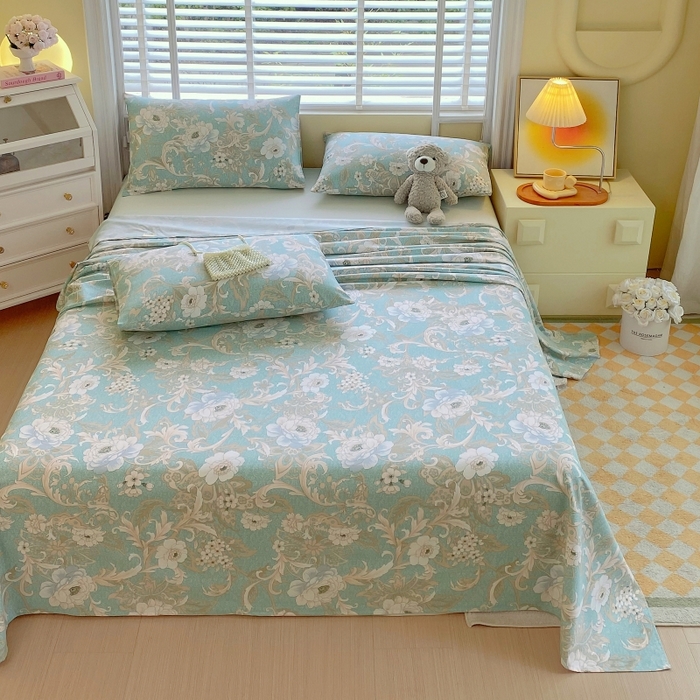 91家纺网 家纺一手货源 找家纺 慕尚家纺 2025新款全棉纯棉老粗布花卉床单款凉席席子 闲趣花开