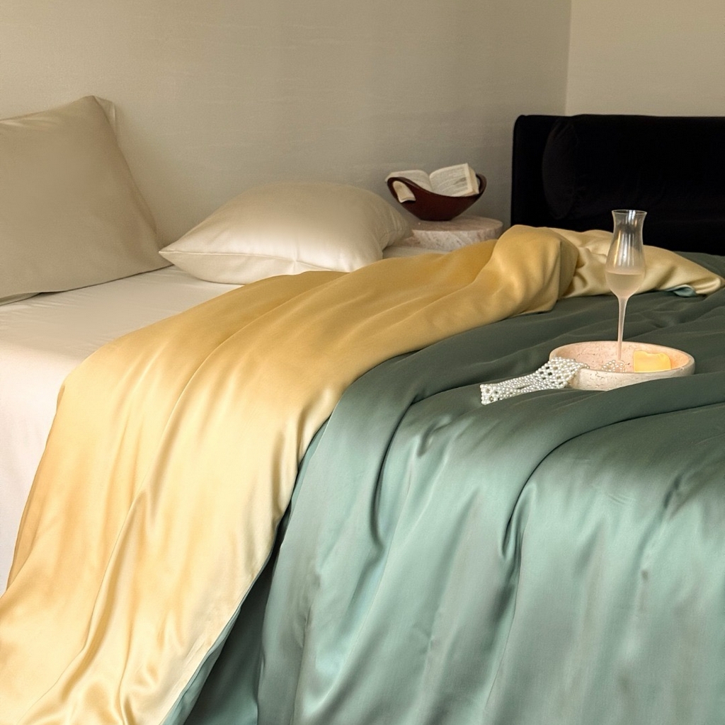 91家纺网 家纺一手货源 找家纺 禾时 2025新款纯色双拼兰精天丝单品系列-单被套 被套单件 天青色-香槟金