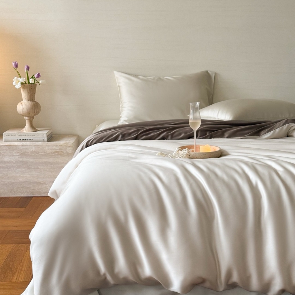 91家纺网 家纺一手货源 找家纺 禾时 2025新款纯色双拼兰精天丝单品系列-单被套 被套单件 乳蛋白-冷岩灰