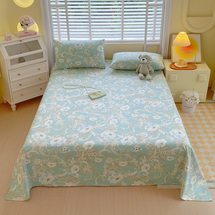 91家纺网 家纺一手货源 找家纺 慕尚家纺 2025新款全棉纯棉老粗布花卉床单款凉席席子 闲趣花开