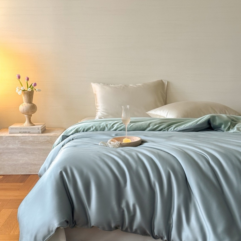 91家纺网 家纺一手货源 找家纺 禾时 2025新款纯色双拼兰精天丝单品系列-单被套 被套单件 天空蓝-浅艾绿