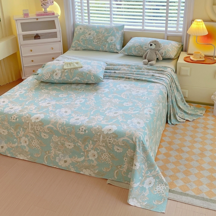 91家纺网 家纺一手货源 找家纺 慕尚家纺 2025新款全棉纯棉老粗布花卉床单款凉席席子 闲趣花开