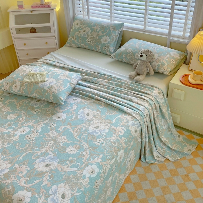 91家纺网 家纺一手货源 找家纺 慕尚家纺 2025新款全棉纯棉老粗布花卉床单款凉席席子 闲趣花开