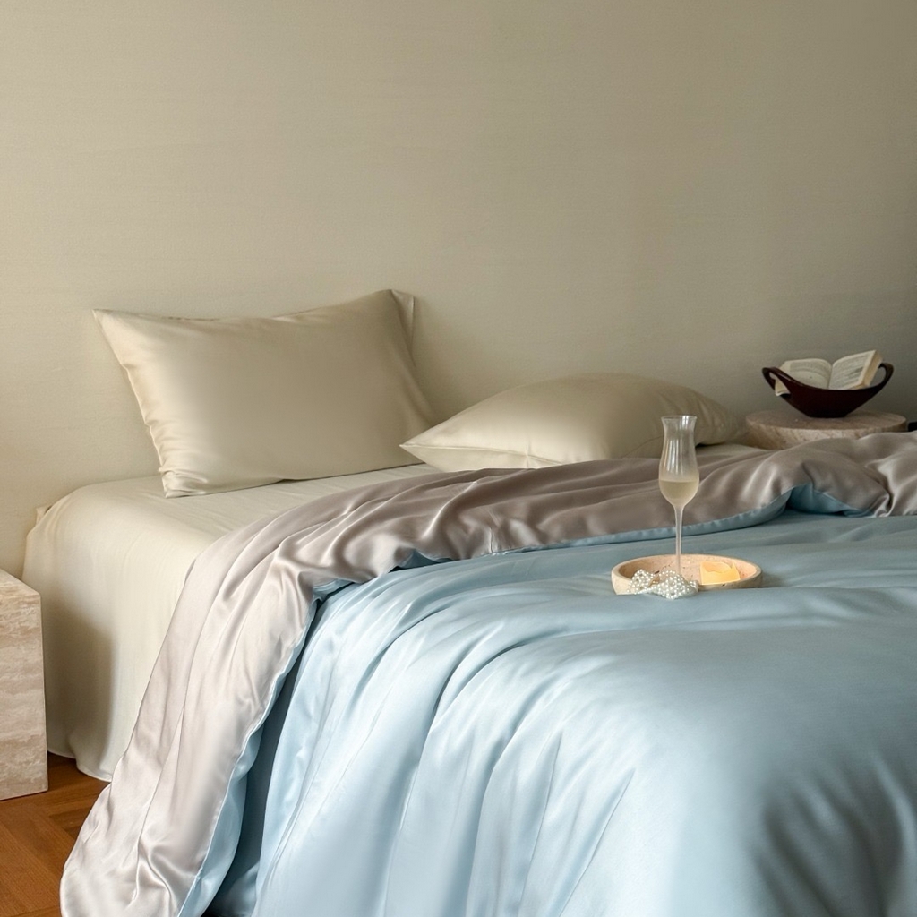 91家纺网 家纺一手货源 找家纺 禾时 2025新款纯色双拼兰精天丝单品系列-单被套 被套单件 映霜蓝-霜华银