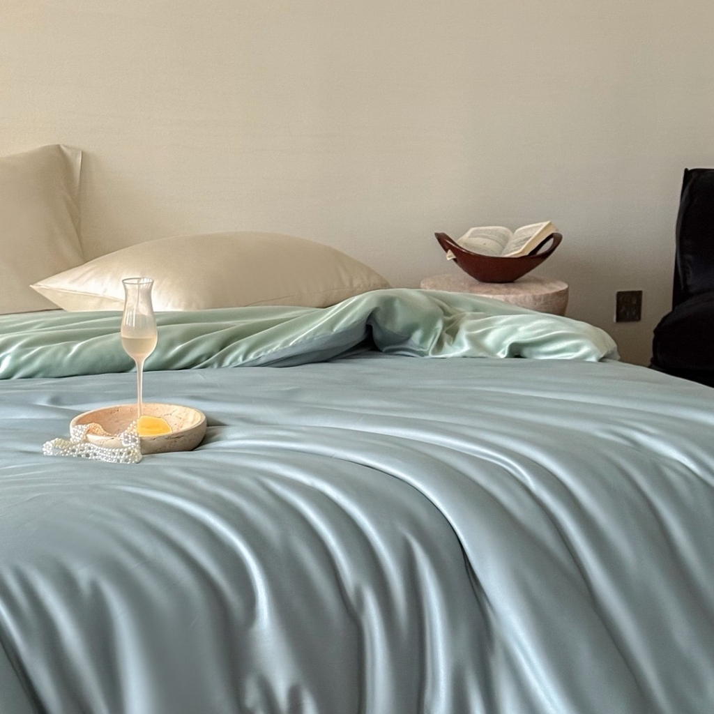 91家纺网 家纺一手货源 找家纺 禾时 2025新款纯色双拼兰精天丝单品系列-单被套 被套单件 天空蓝-浅艾绿