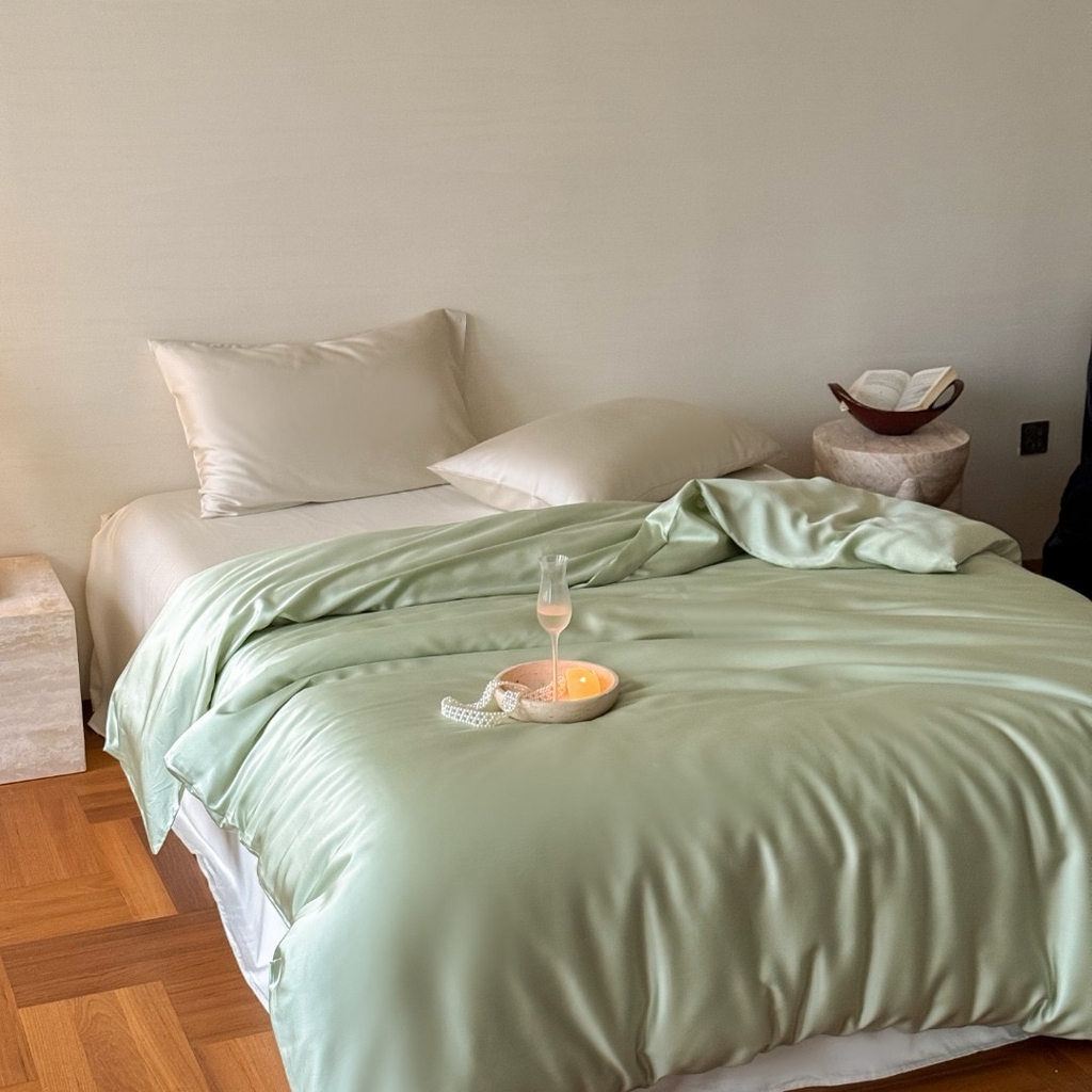 91家纺网 家纺一手货源 找家纺 禾时 2025新款纯色双拼兰精天丝单品系列-单被套 被套单件 嫩叶绿