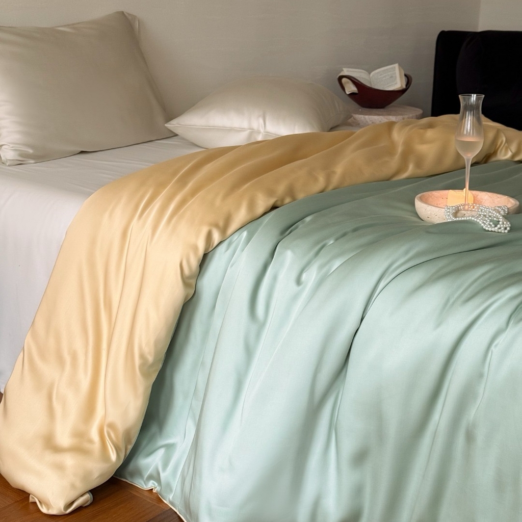 91家纺网 家纺一手货源 找家纺 禾时 2025新款纯色双拼兰精天丝单品系列-单被套 被套单件 浅艾绿-香槟金