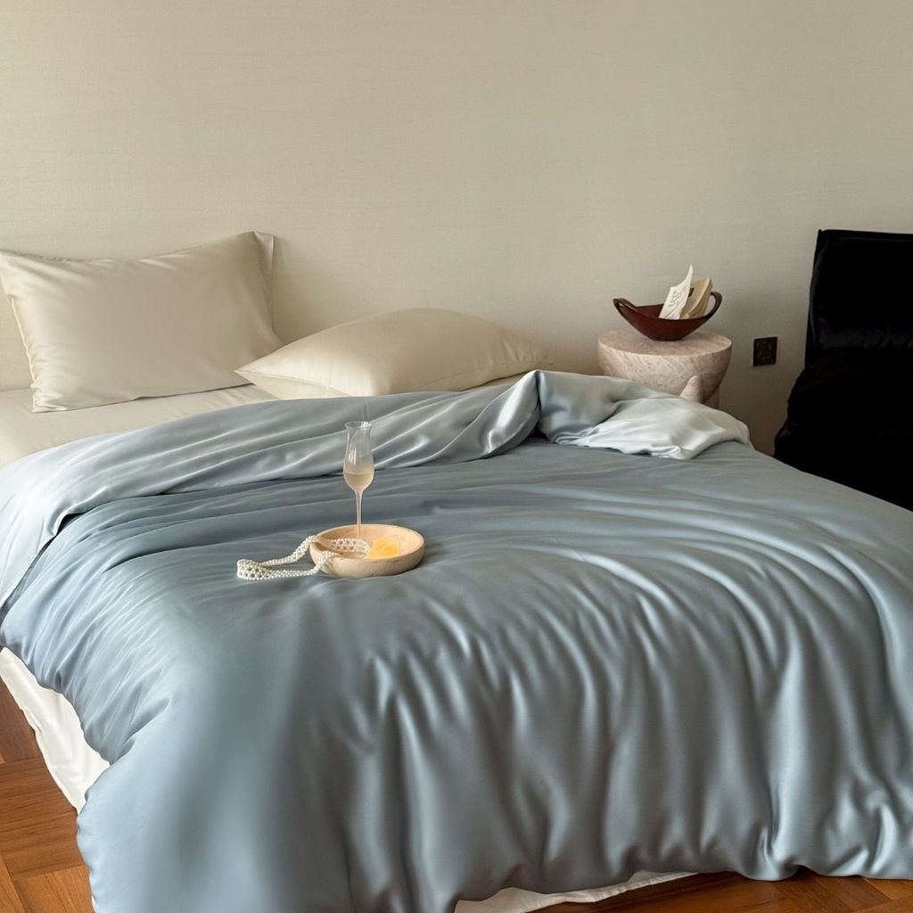 91家纺网 家纺一手货源 找家纺 禾时 2025新款纯色双拼兰精天丝单品系列-单被套 被套单件 灰蓝色-冰川灰