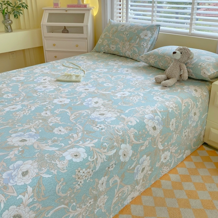 91家纺网 家纺一手货源 找家纺 慕尚家纺 2025新款全棉纯棉老粗布花卉床单款凉席席子 闲趣花开