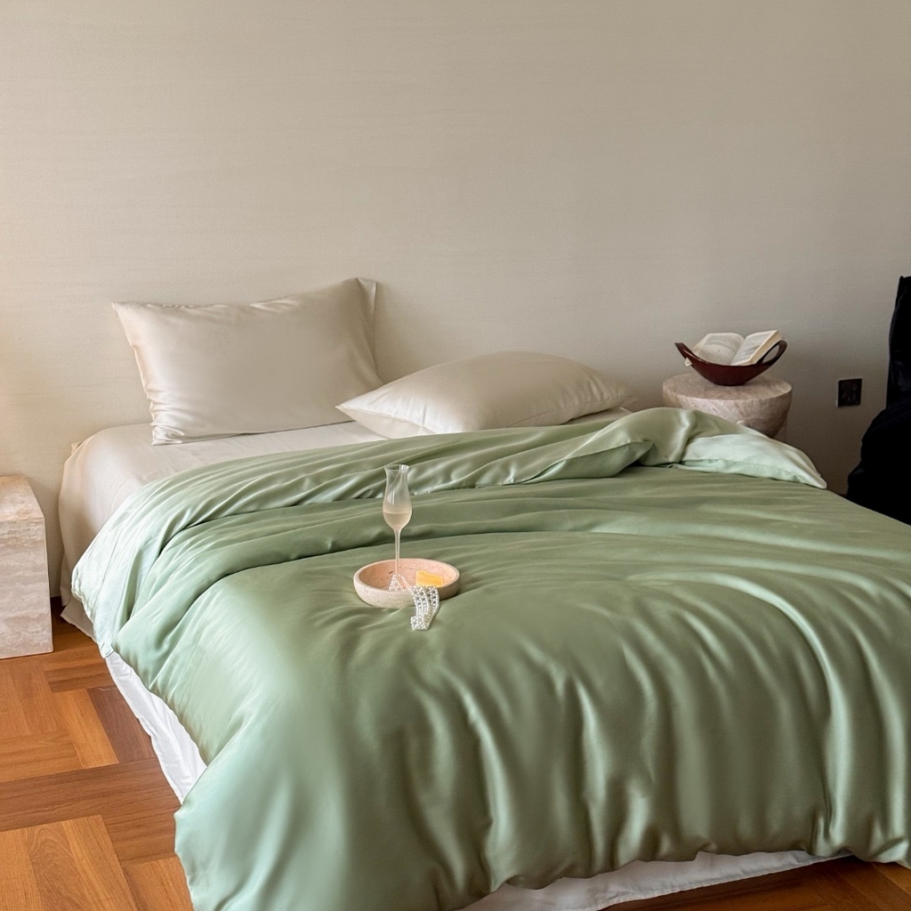 91家纺网 家纺一手货源 找家纺 禾时 2025新款纯色双拼兰精天丝单品系列-单被套 被套单件 香奈儿绿-嫩叶绿