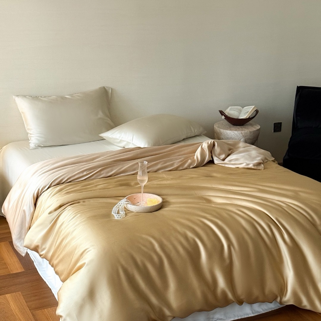 91家纺网 家纺一手货源 找家纺 禾时 2025新款纯色双拼兰精天丝单品系列-单被套 被套单件 芝士黄-沙茶色