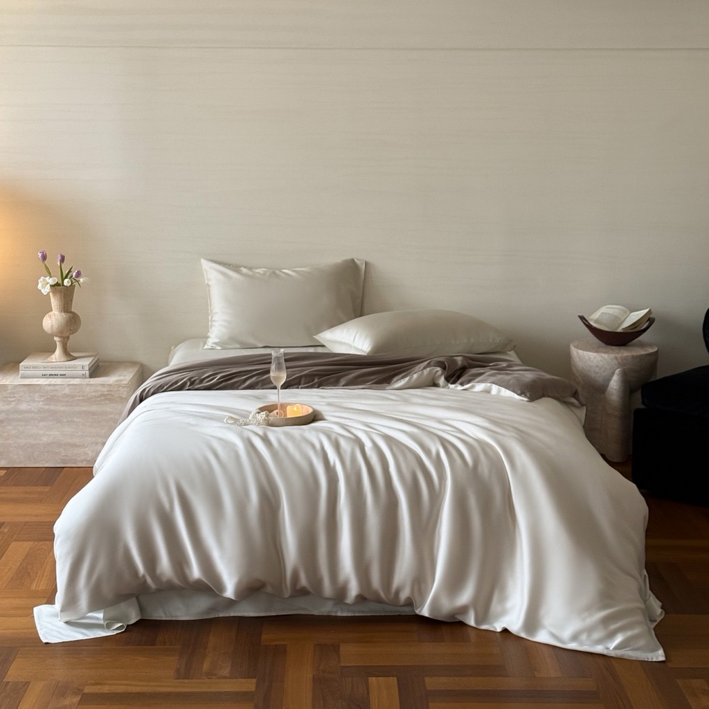 91家纺网 家纺一手货源 找家纺 禾时 2025新款纯色双拼兰精天丝单品系列-单被套 被套单件 乳蛋白-冷岩灰