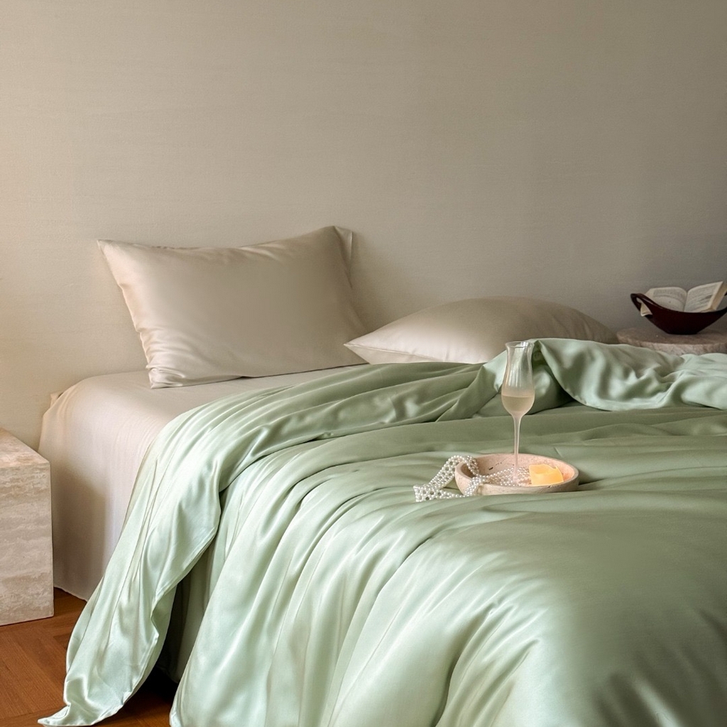 91家纺网 家纺一手货源 找家纺 禾时 2025新款纯色双拼兰精天丝单品系列-单被套 被套单件 嫩叶绿