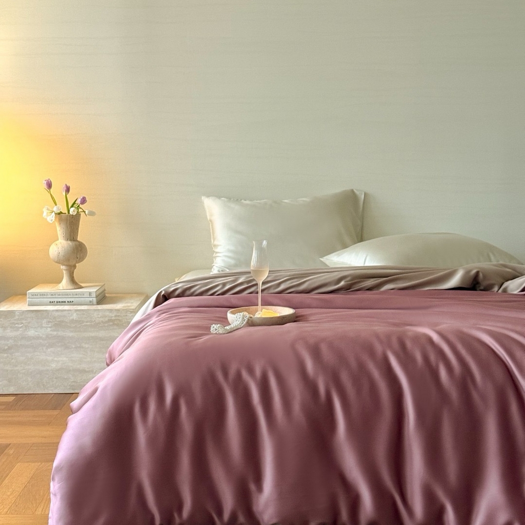 91家纺网 家纺一手货源 找家纺 禾时 2025新款纯色双拼兰精天丝单品系列-单被套 被套单件 野樱莓-芋泥灰