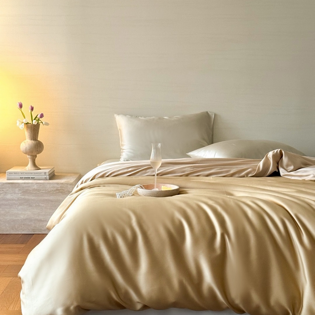 91家纺网 家纺一手货源 找家纺 禾时 2025新款纯色双拼兰精天丝单品系列-单被套 被套单件 芝士黄-沙茶色