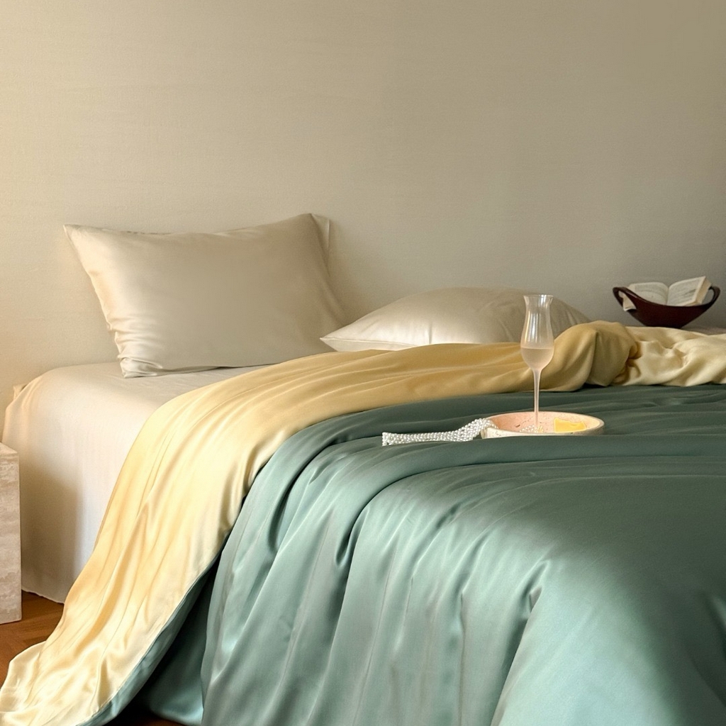 91家纺网 家纺一手货源 找家纺 禾时 2025新款纯色双拼兰精天丝单品系列-单被套 被套单件 天青色-香槟金