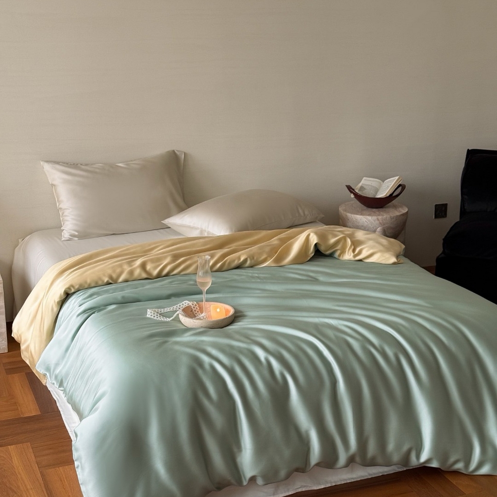 91家纺网 家纺一手货源 找家纺 禾时 2025新款纯色双拼兰精天丝单品系列-单被套 被套单件 浅艾绿-香槟金