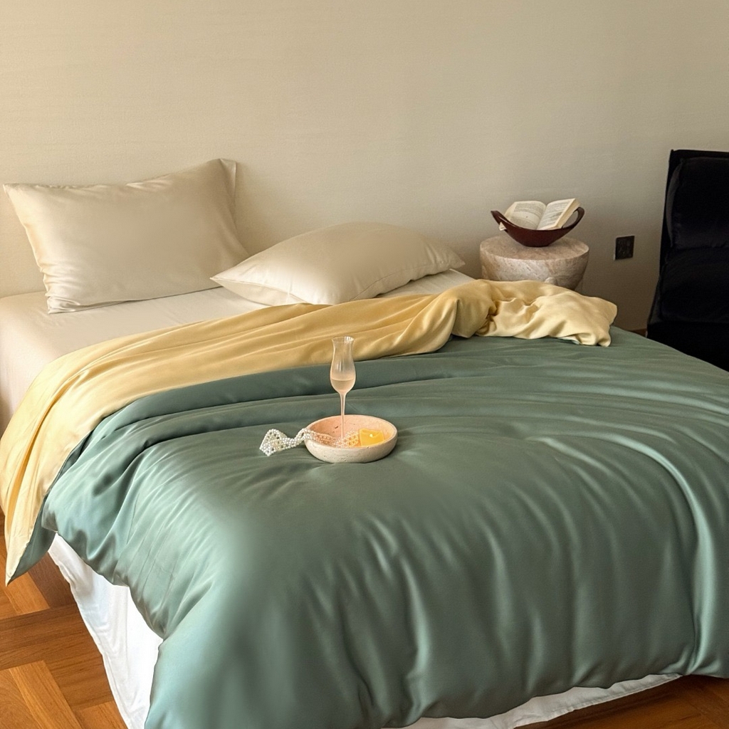 91家纺网 家纺一手货源 找家纺 禾时 2025新款纯色双拼兰精天丝单品系列-单被套 被套单件 天青色-香槟金