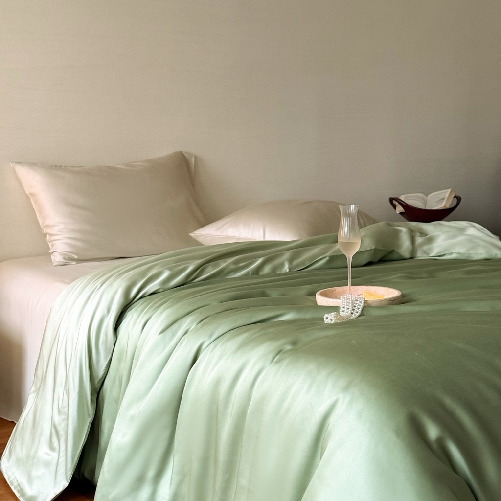 91家纺网 家纺一手货源 找家纺 禾时 2025新款纯色双拼兰精天丝单品系列-单被套 被套单件 香奈儿绿-嫩叶绿