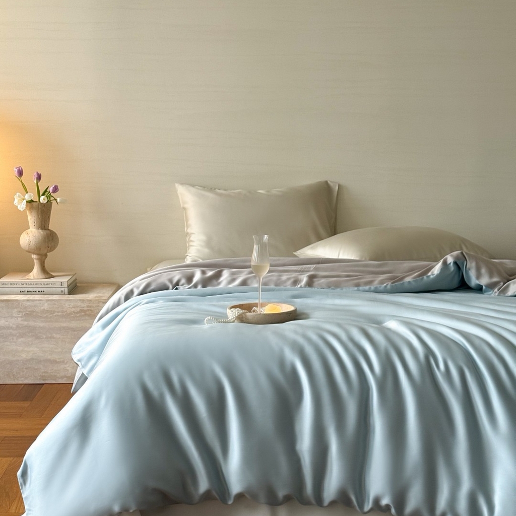 禾时 2025新款纯色双拼兰精天丝单品系列-单被套 被套单件 映霜蓝-霜华银